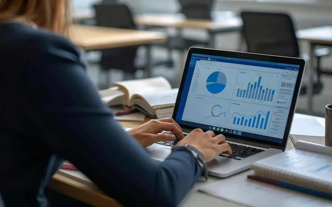 An employee analyzes charts in Excel on a laptop